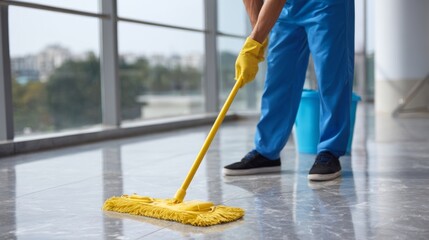 A male janitor wearing yellow gloves mops the floor of a bright and spacious office environment, showcasing cleanliness and maintenance.