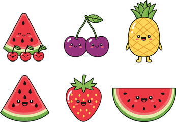 Super Cute Kawaii Fruit Character Vector Set Featuring Happy Watermelon Slices, Cherries, Strawberry, and Pineapple with Smiling Faces.