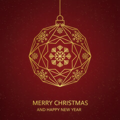 Elegant golden geometric Christmas bauble illustration on a deep red starry background, perfect for holiday greetings, New Year wishes, invitations, and festive promotions. Minimalist luxury design.