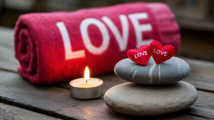 Romantic spa day with soft towel hearts stones and candlelight offers serenity and loving moments