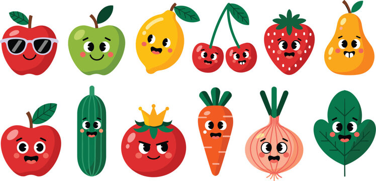 Highly Expressive Cartoon Fruit and Vegetable Vector Set Featuring Happy and Funny Apple, Lemon, Cherry, Strawberry, Cucumber, Tomato King, Carrot, and Onion Characters.
