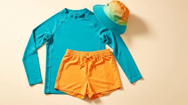 Bright children's swimwear and a sun hat are revealed on a light background. This vibrant outfit is perfect for summer beach days and outdoor play.
