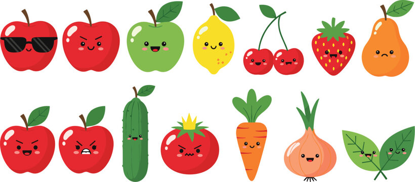 Cute Cartoon Kawaii Fruit and Vegetable Vector Set Featuring Happy and Angry Apple, Lemon, Cherry, Strawberry, Cucumber, Tomato, Carrot, and Onion Characters.