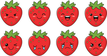 Cute Cartoon Strawberry Emoji Vector Set Featuring Various Emotional Expressions, Including Happy, Angry, Winking, and Crying Faces for Social Media.