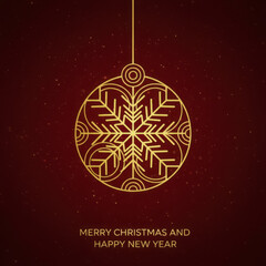 Elegant golden geometric Christmas bauble illustration on a deep red starry background, perfect for holiday greetings, New Year wishes, invitations, and festive promotions. Minimalist luxury design.