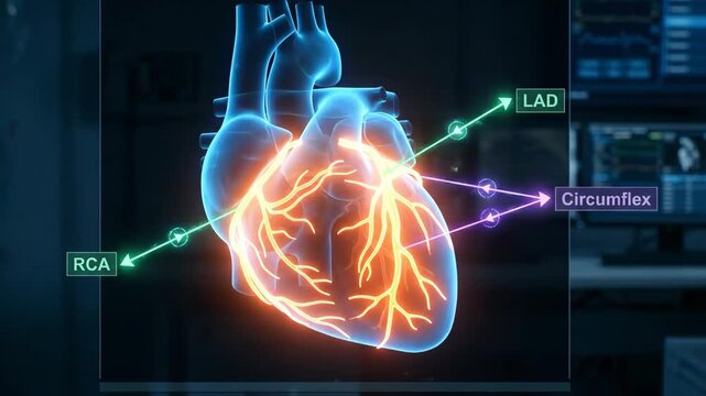 Human heart model displayed on a futuristic screen, highlighting the rca, lad, and circumflex coronary arteries with interactive labels in a medical research environment
