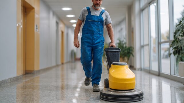 Middle-aged Caucasian man in blue overalls using a floor polisher in a bright hallway.