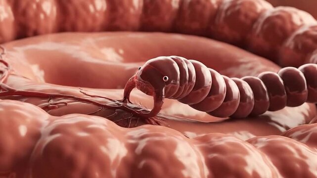 Microscopic view of intestinal parasite segmented worm body interior human digestive system pinkish tissue close up detailed realistic 3D render