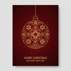 Elegant golden geometric Christmas bauble illustration on a deep red starry background, perfect for holiday greetings, New Year wishes, invitations, and festive promotions. Minimalist luxury design.