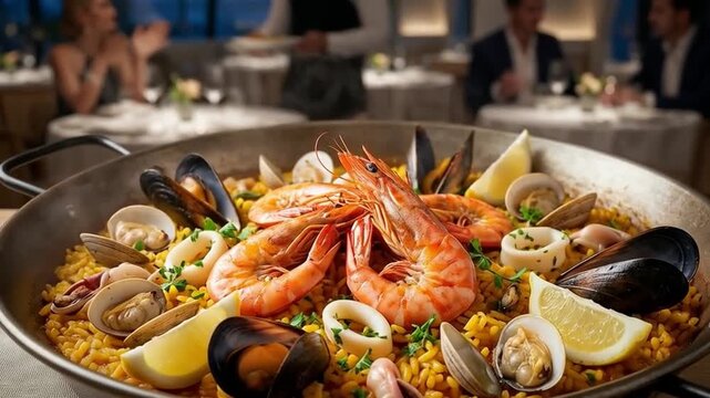 Paella de mariscos servida en restaurante elegante con ambiente nocturno