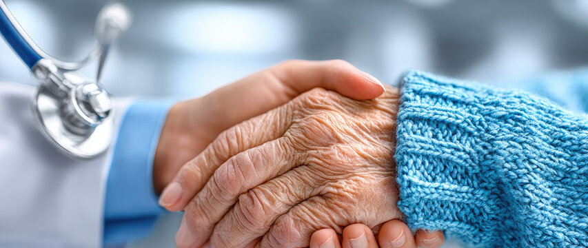 doctor holding elderly man's hand in hospital room, symbol of trust, compassion and medical care in healthcare setting