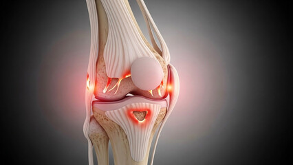 Anatomical illustration of human knee joint with inflamed areas and a cyst anatomy bone