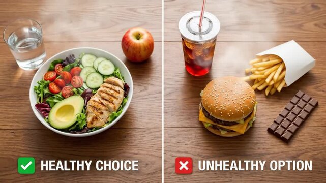 Comparing healthy and unhealthy food options, with a fresh salad, grilled chicken, avocado, apple, and water contrasting fast food, french fries, soda, hamburger, and chocolate on a wooden table
