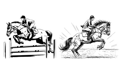 Fototapeta premium Two equestrian riders on horseback jumping over obstacles in a dynamic silhouette style