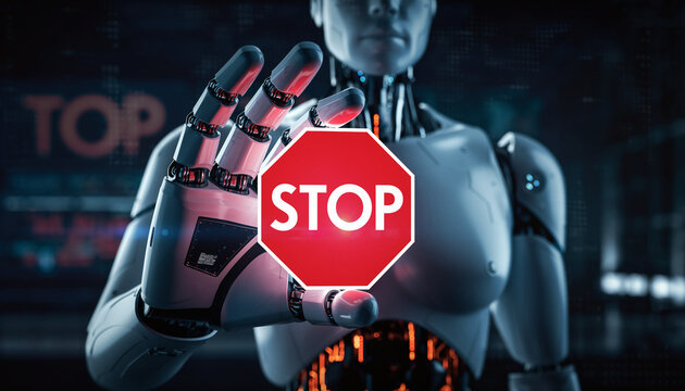 Robotic Warning: A futuristic robotic figure extends a metallic hand, bearing a stop sign in its grasp. - Powered by Adobe