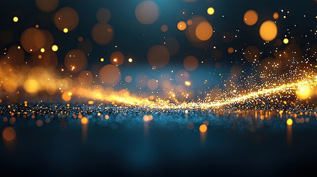 Abstract Swirling Trails of Crimson Emerald and Gold Light Particles Creating a Festive Celebration Atmosphere on a Dark Reflective Surface with Soft Bokeh Background