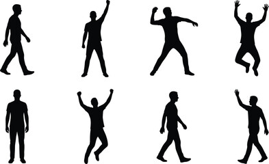 Black Silhouettes of People in Expressive and Dynamic Poses – Walking, Dancing, Gesturing, Celebrating – Motion, Lifestyle, Gesture Concept