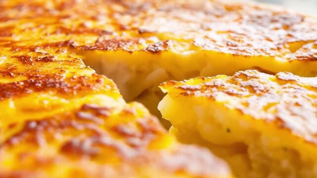 Tortilla de patatas reci&eacute;n hecha servida en plato blanco con porci&oacute;n cortada y fondo desenfocado de cocina moderna