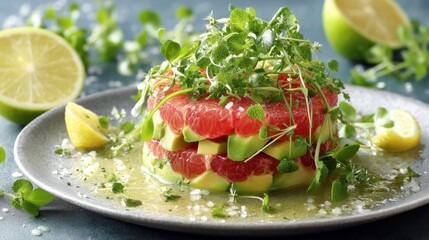 Citrus infused grapefruit salad preparation culinary kitchen food presentation bright environment overhead view healthy concept