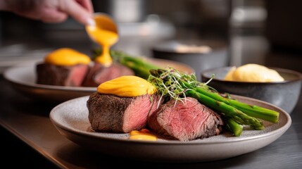 Gourmet steak preparation fine dining restaurant culinary photography elegant interior close-up shot artistry of food