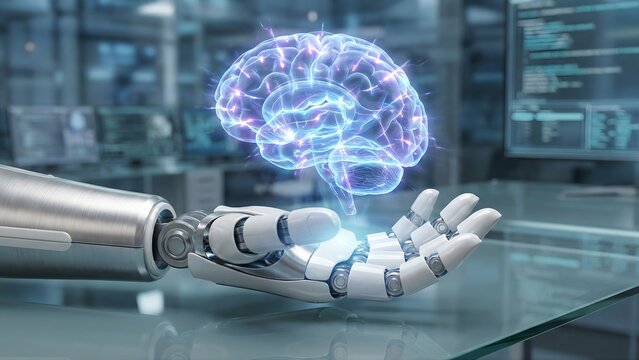 A futuristic robotic hand holds a glowing, holographic human brain, symbolizing Artificial Intelligence, machine learning, and advanced technological intelligence.