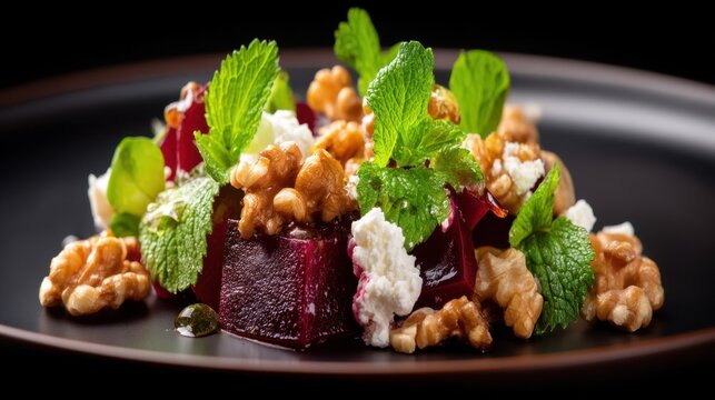 Gourmet beet salad with walnuts and mint restaurant table food photography elegant setting close-up shot culinary delight