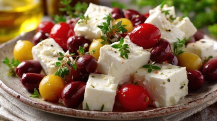 Delicious greek salad kitchen food photography bright setting close-up healthy eating concept