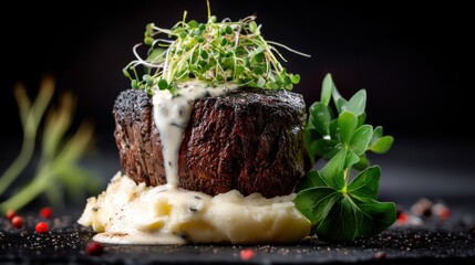 Gourmet steak plated with creamy sauce restaurant food photography elegant atmosphere close-up culinary art