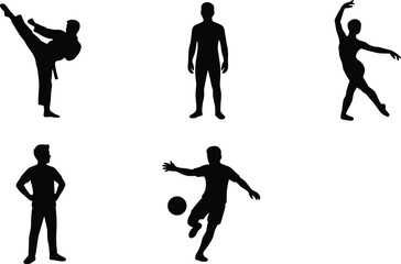 Black Silhouettes of People in Martial Arts, Dance, Standing, and Soccer Poses – Motion, Activity, Lifestyle, Sports Concept