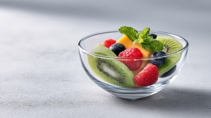 Fresh fruit salad bowl kitchen counter food photography bright lighting close-up healthy lifestyle