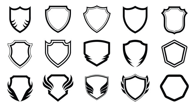 A set of sleek futuristic shield outline vectors, showcasing bold geometric shapes in black, perfect for creating gaming team logos, esports identity marks, tech symbols