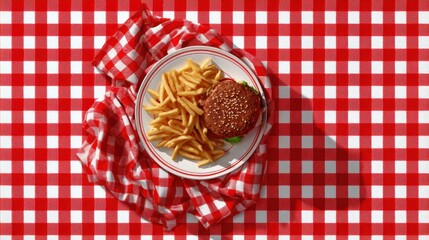 Delicious burger and crispy fries picnic table food photography outdoor setting overhead view tasty meal experience