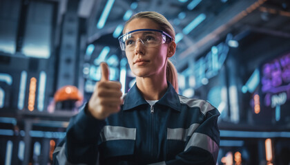 Confident Technician's Approval: A skilled technician, adorned with safety glasses and uniform, confidently gives a thumbs-up, symbolizing approval and readiness in a technologically advanced setting.