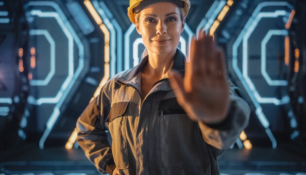 Engineering Precision: A determined construction worker in safety gear, confidently gesturing 'stop' with a direct, assertive stance. The backdrop of high-tech environment adds layers to the scene.