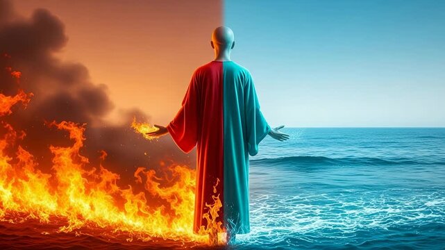 Man balancing fire and water, a powerful concept of duality in nature