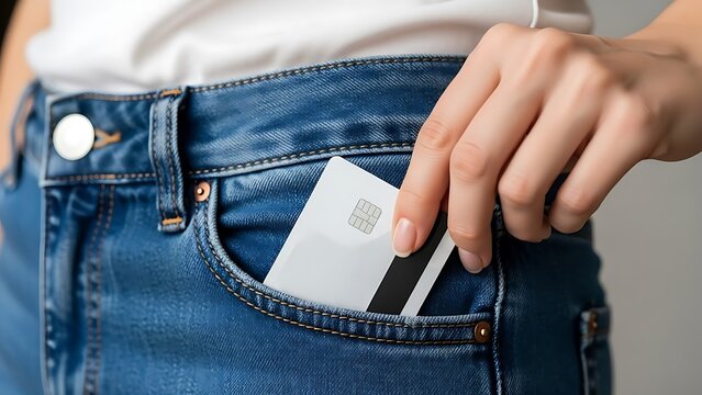 Cropped close up of woman dressed in casual clothes holding mock up credit bank card in jeans pocket