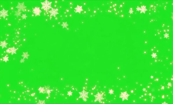 A border of white snowflakes and glittering particles forms a soft winter frame around the green screen.

