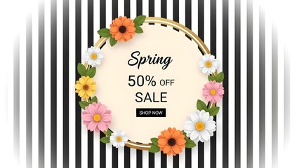 Spring sale promotion with floral circle frame and black and white stripes.