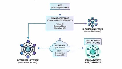 Non-fungible token structure diagram explaining the creation process and components including smart contract, blockchain ledger, metadata, and digital asset within the decentralized network - Powered by Adobe