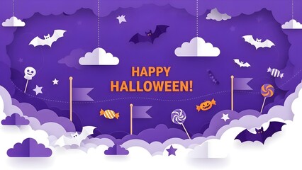 Festive Halloween scene with bats, candy, clouds, and stars in purple tones.