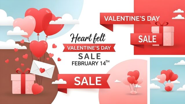 Valentine's Day sale promotion with heart balloons, gifts, and cloud decorations. - Powered by Adobe