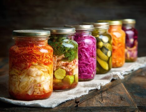 Colorful glass jars filled with various pickled and fermented foods on a wooden surface