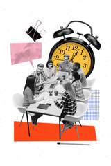 Obraz premium Composite 3D collage trend artwork template design of colleagues meeting young man lady sit table discussion clock time trade market