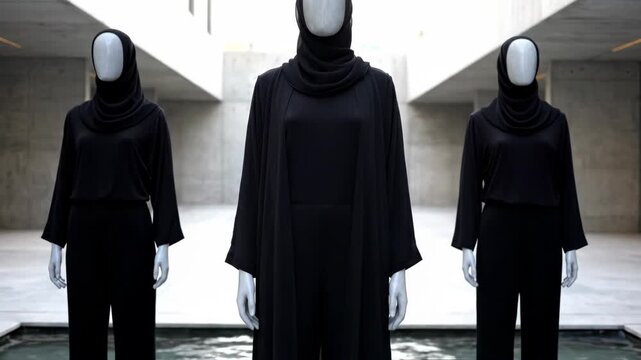 Three mannequins display elegant black abayas and hijabs in a modern setting. This fashion showcases traditional Islamic clothing with contemporary style.