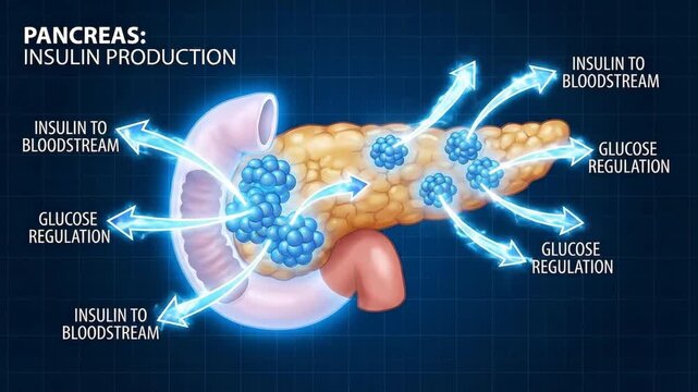 Pancreas diagram showing islets of langerhans producing insulin and releasing it into the bloodstream to regulate blood glucose, illustrating diabetes and metabolic control