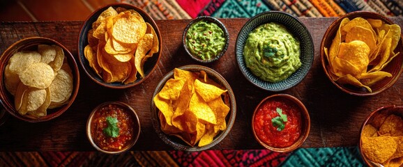 Assorted potato and tortilla chips with salsa, guacamole, and cheese dip on a wooden board