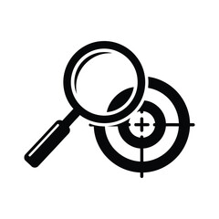 Strategic goal focus magnifying glass and target vector icon, Magnifying glass over target symbol
