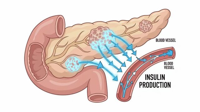 Pancreas illustrating the production of insulin hormone and its release into the bloodstream, showing the role of islets of langerhans in regulating blood sugar levels
