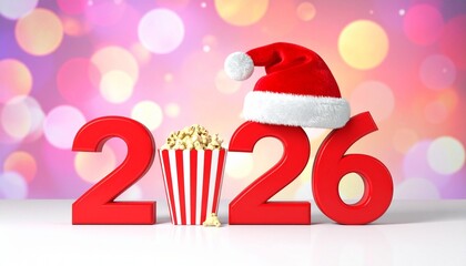Playful “2026” digits in bold red, with popcorn container replacing “0” and Santa hat on “6”, set against festive background of colorful blurred lights, evoking holiday cheer and entertainment vibe.