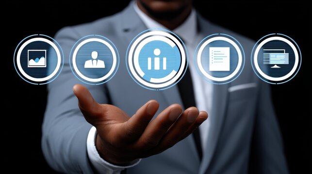 Infographic of corporate digital solutions and business strategy icons for professional innovation - Powered by Adobe